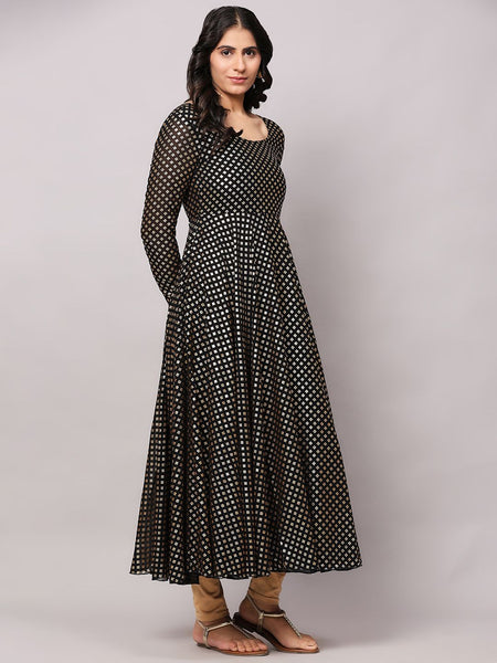 Poshak Hub Women Black Georgette Foil Print Anarkali Kurta