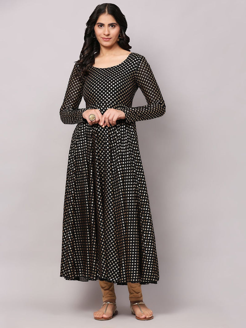 Poshak Hub Women Black Georgette Foil Print Anarkali Kurta