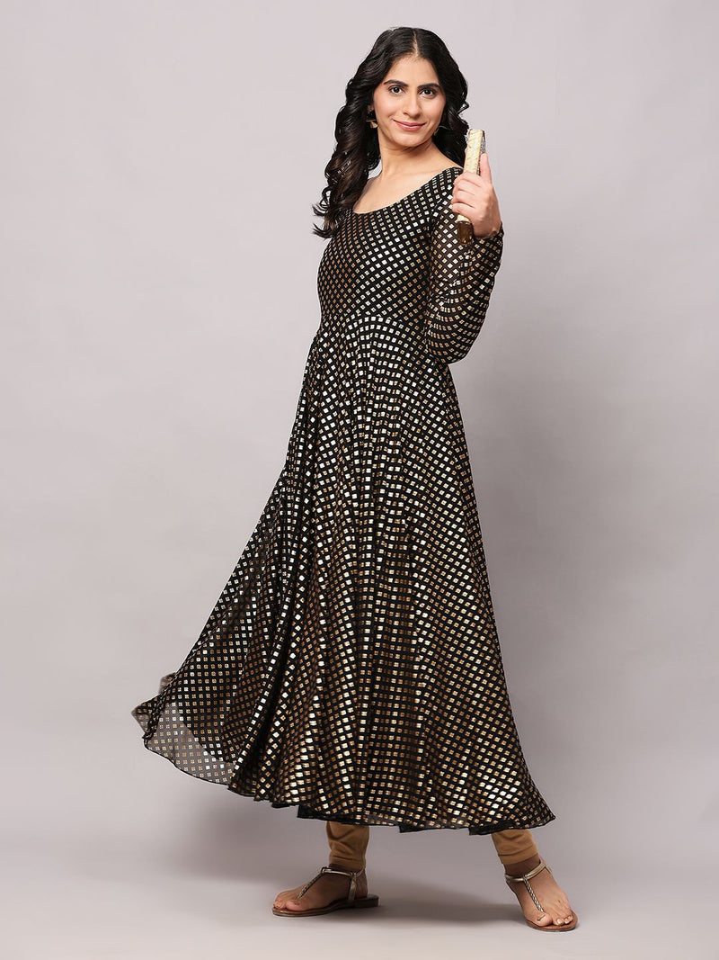 Poshak Hub Women Black Georgette Foil Print Anarkali Kurta