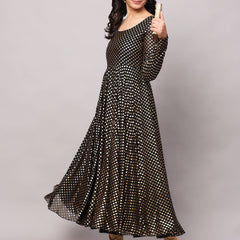 Poshak Hub Women Black Georgette Foil Print Anarkali Kurta