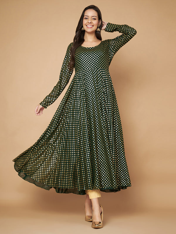 Poshak Hub Women Green Georgette Foil Print Anarkali Kurta