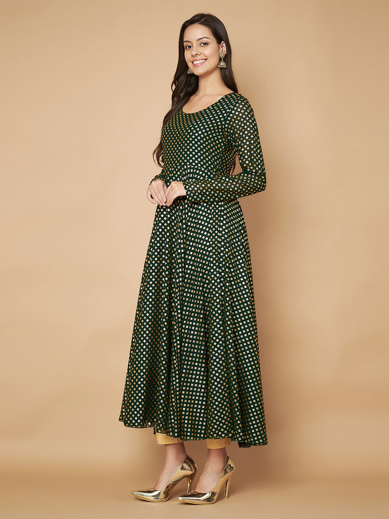 Poshak Hub Women Green Georgette Foil Print Anarkali Kurta