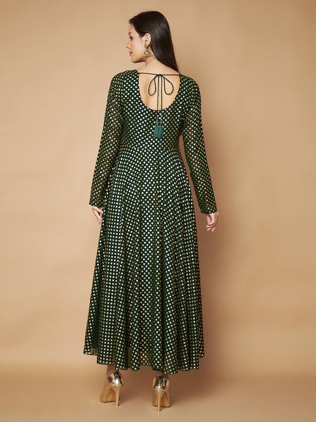 Poshak Hub Women Green Georgette Foil Print Anarkali Kurta