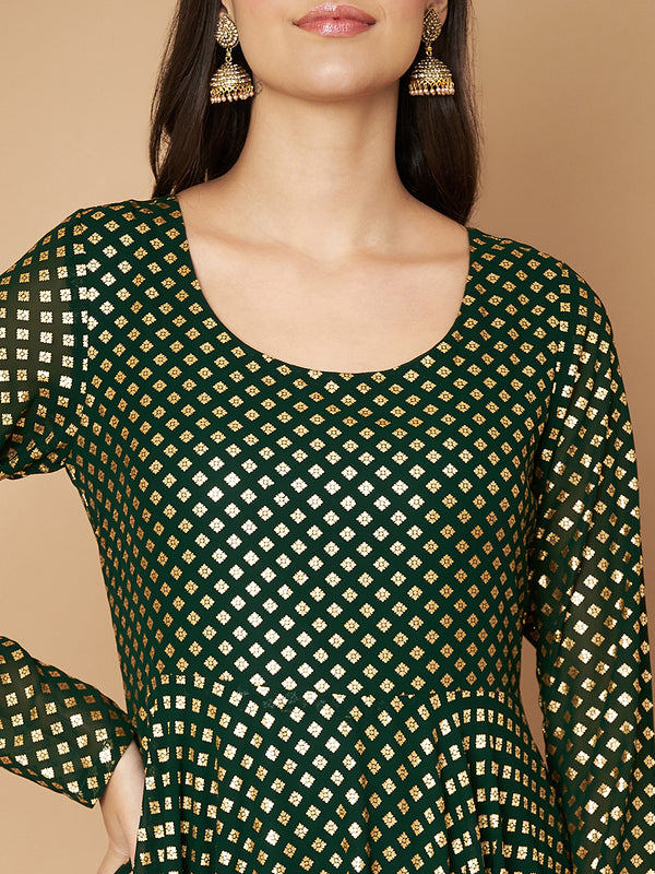 Poshak Hub Women Green Georgette Foil Print Anarkali Kurta