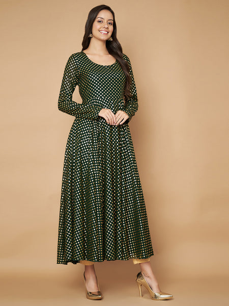 Poshak Hub Women Green Georgette Foil Print Anarkali Kurta