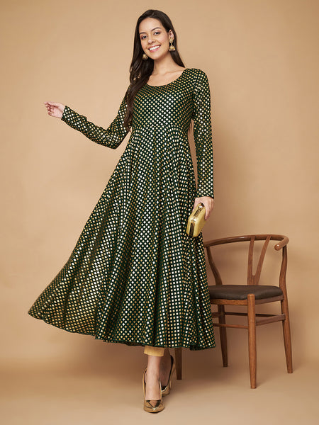 Poshak Hub Women Green Georgette Foil Print Anarkali Kurta