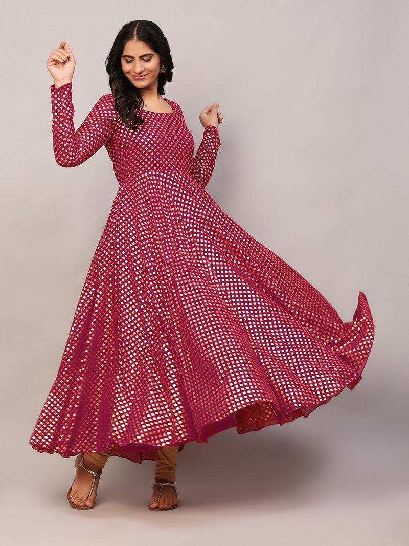 Poshak Hub Women Pink Georgette Foil Print Anarkali Kurta
