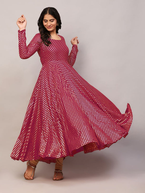 Poshak Hub Women Pink Georgette Foil Print Anarkali Kurta