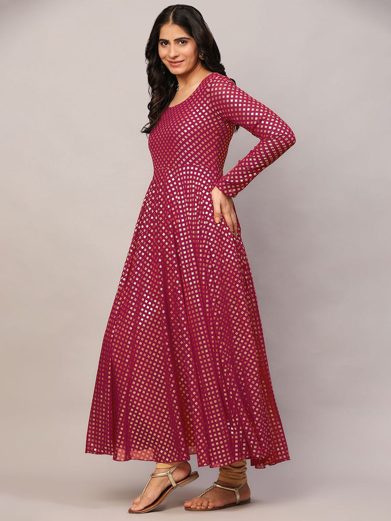 Poshak Hub Women Pink Georgette Foil Print Anarkali Kurta