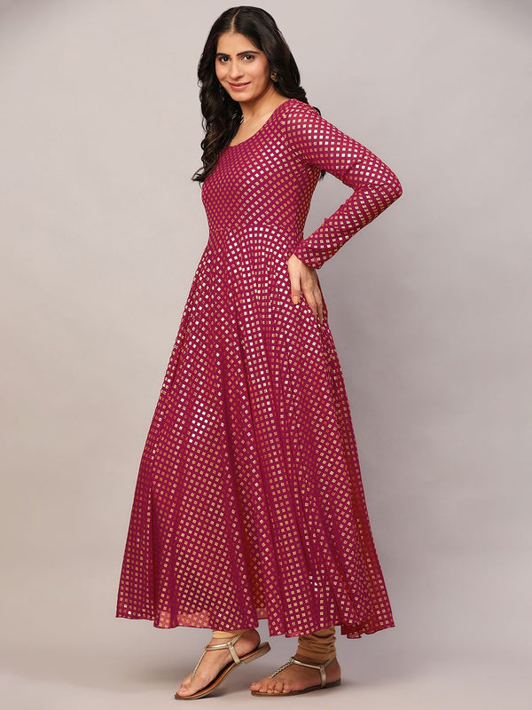 Poshak Hub Women Pink Georgette Foil Print Anarkali Kurta