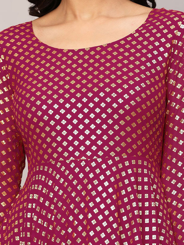 Poshak Hub Women Pink Georgette Foil Print Anarkali Kurta