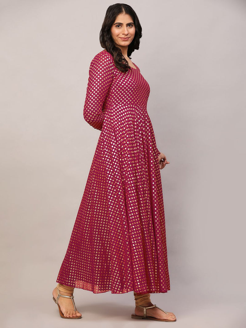 Poshak Hub Women Pink Georgette Foil Print Anarkali Kurta