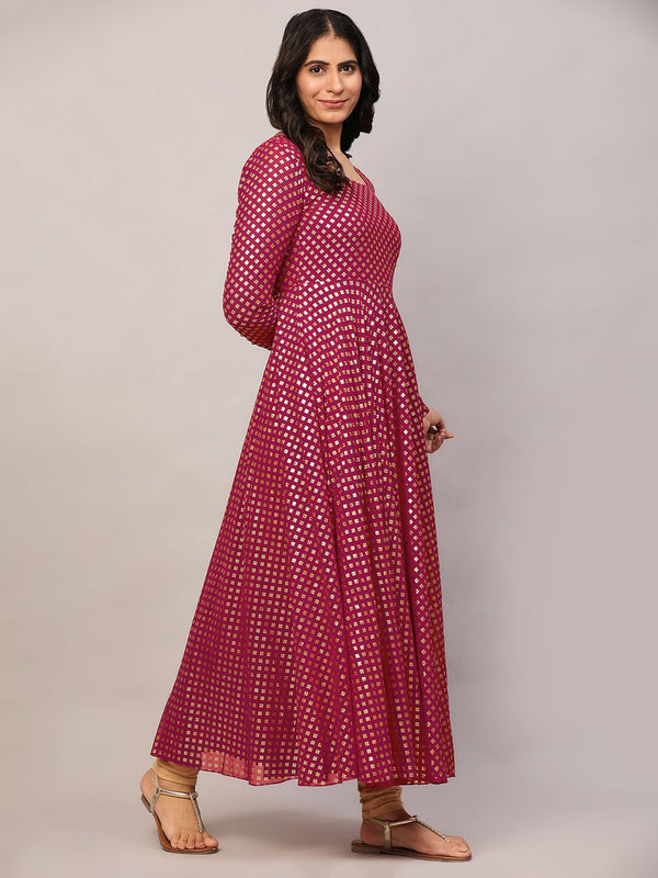 Poshak Hub Women Pink Georgette Foil Print Anarkali Kurta