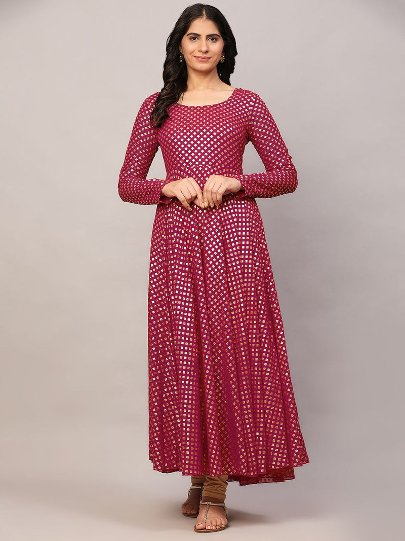 Poshak Hub Women Pink Georgette Foil Print Anarkali Kurta