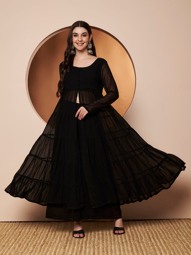 Poshak Hub Women Black Georgette Front Slit Tiered Anarkali Kurta with Sharara