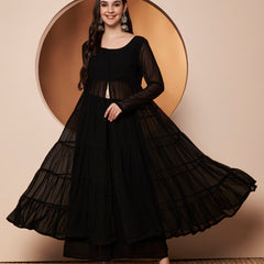 Poshak Hub Women Black Georgette Front Slit Tiered Anarkali Kurta with Sharara