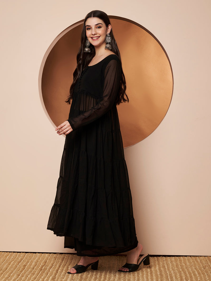 Poshak Hub Women Black Georgette Front Slit Tiered Anarkali Kurta with Sharara