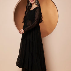Poshak Hub Women Black Georgette Front Slit Tiered Anarkali Kurta with Sharara