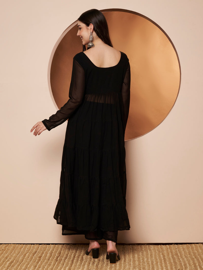 Poshak Hub Women Black Georgette Front Slit Tiered Anarkali Kurta with Sharara