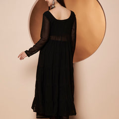 Poshak Hub Women Black Georgette Front Slit Tiered Anarkali Kurta with Sharara