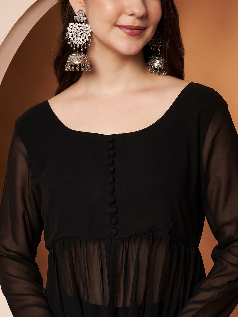 Poshak Hub Women Black Georgette Front Slit Tiered Anarkali Kurta with Sharara