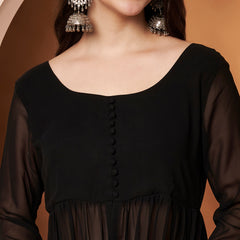 Poshak Hub Women Black Georgette Front Slit Tiered Anarkali Kurta with Sharara