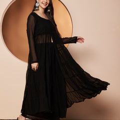 Poshak Hub Women Black Georgette Front Slit Tiered Anarkali Kurta with Sharara