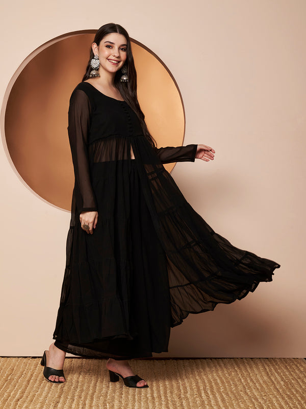 Poshak Hub Women Black Georgette Front Slit Tiered Anarkali Kurta with Sharara