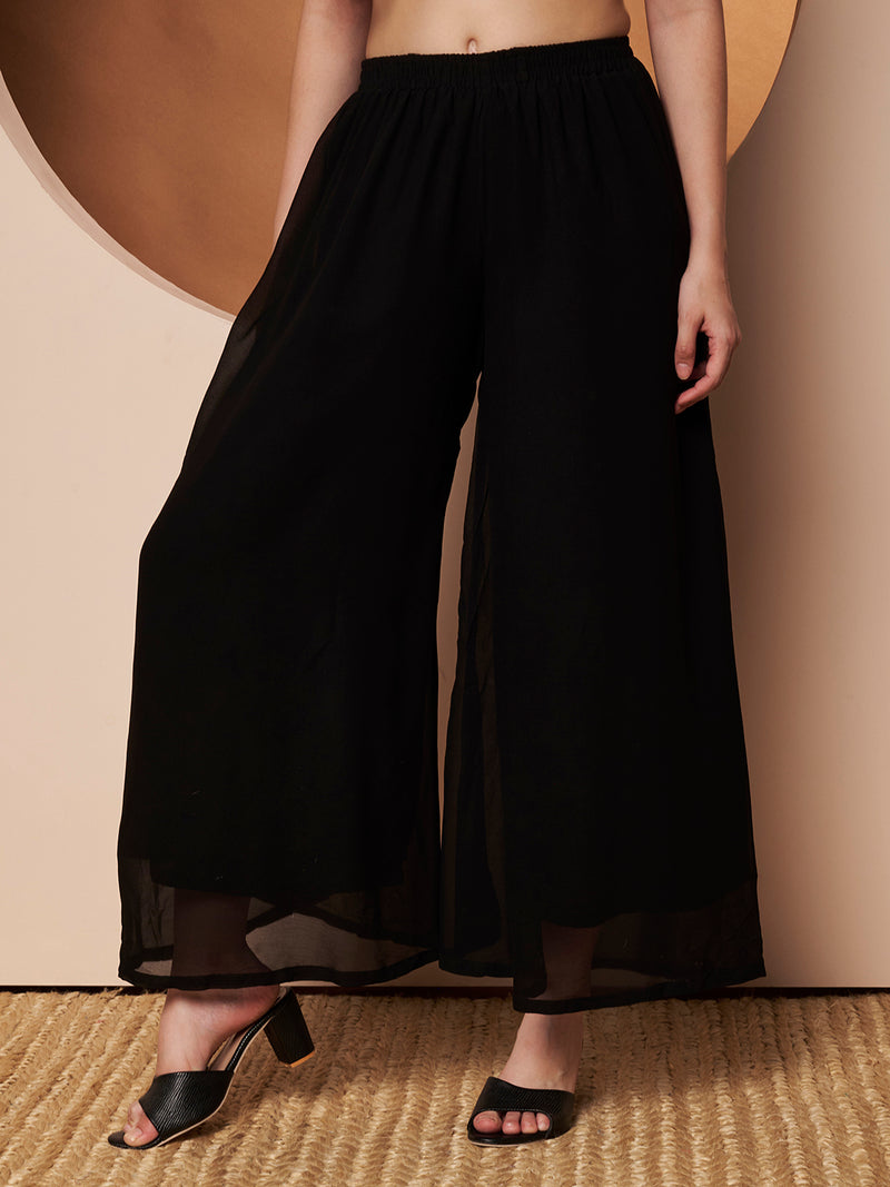 Poshak Hub Women Black Georgette Front Slit Tiered Anarkali Kurta with Sharara