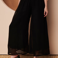 Poshak Hub Women Black Georgette Front Slit Tiered Anarkali Kurta with Sharara