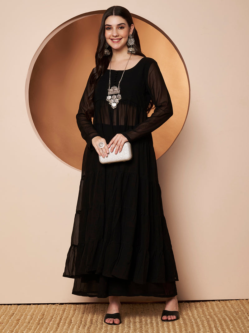 Poshak Hub Women Black Georgette Front Slit Tiered Anarkali Kurta with Sharara