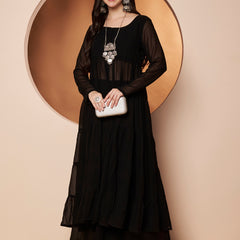 Poshak Hub Women Black Georgette Front Slit Tiered Anarkali Kurta with Sharara