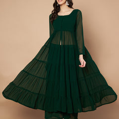 Poshak Hub Women Green Georgette Front Slit Tiered Anarkali Kurta with Sharara