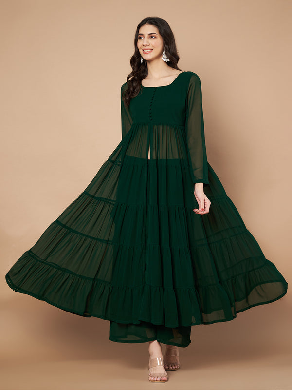 Poshak Hub Women Green Georgette Front Slit Tiered Anarkali Kurta with Sharara