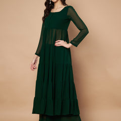 Poshak Hub Women Green Georgette Front Slit Tiered Anarkali Kurta with Sharara