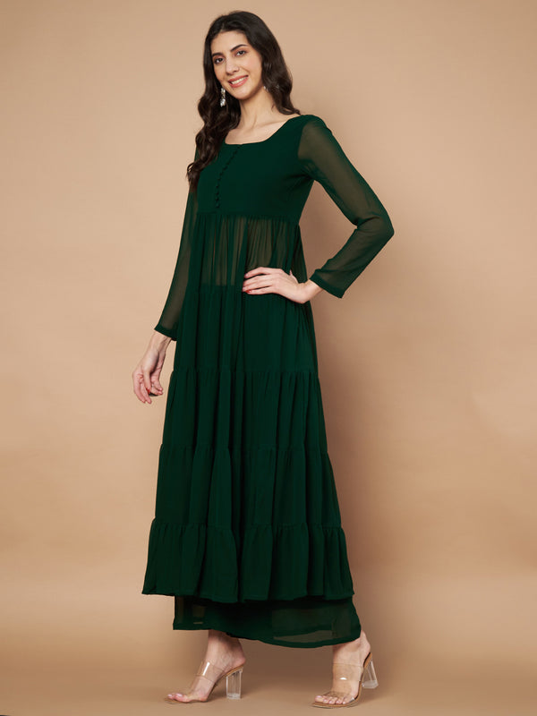 Poshak Hub Women Green Georgette Front Slit Tiered Anarkali Kurta with Sharara