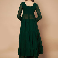 Poshak Hub Women Green Georgette Front Slit Tiered Anarkali Kurta with Sharara