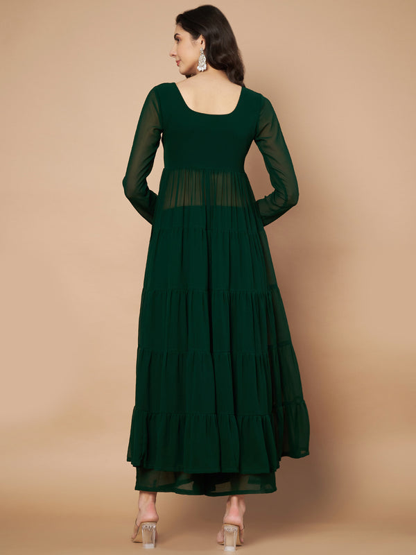 Poshak Hub Women Green Georgette Front Slit Tiered Anarkali Kurta with Sharara