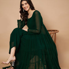 Poshak Hub Women Green Georgette Front Slit Tiered Anarkali Kurta with Sharara