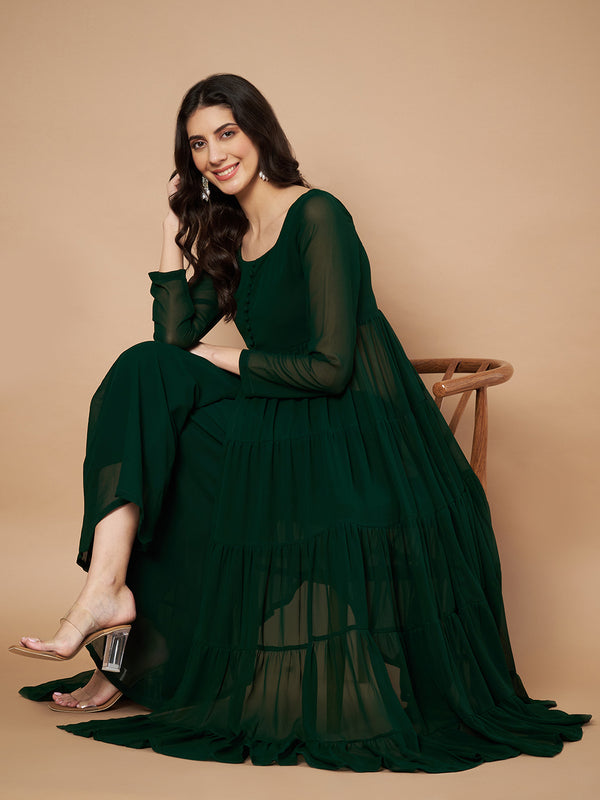 Poshak Hub Women Green Georgette Front Slit Tiered Anarkali Kurta with Sharara
