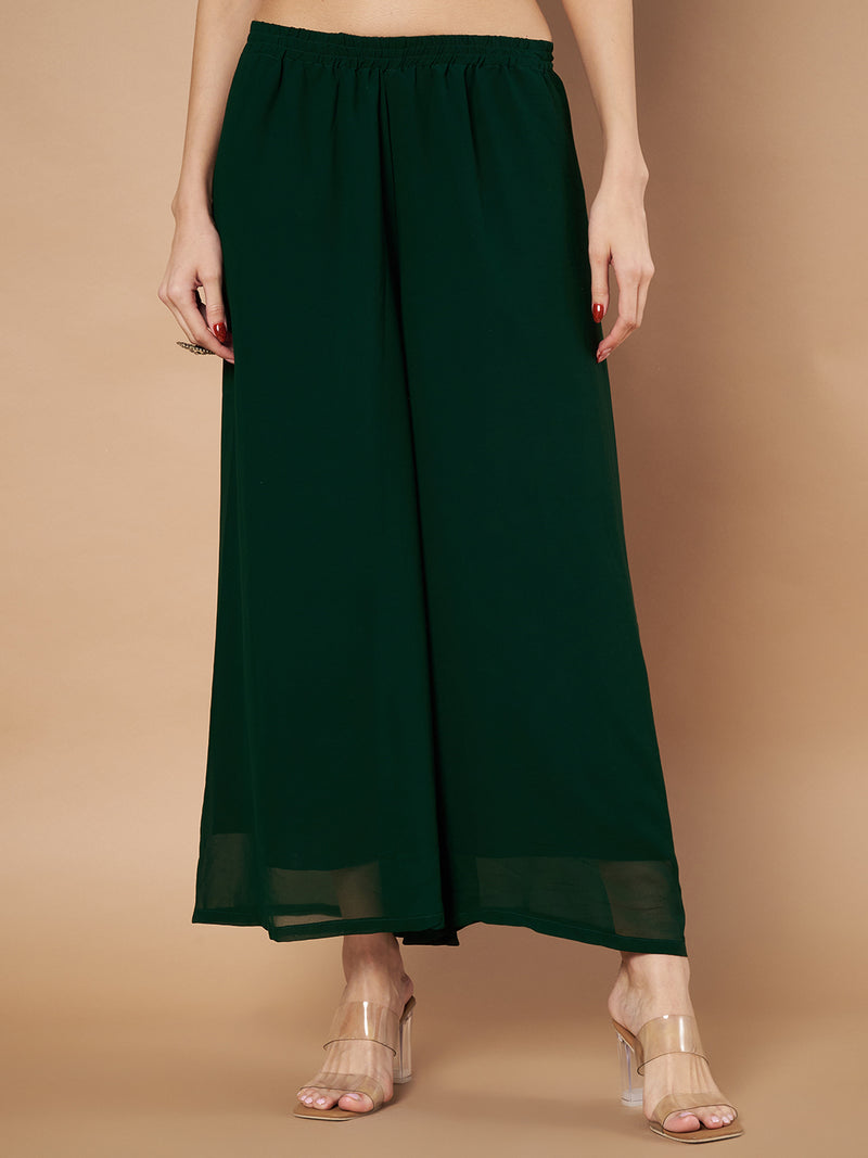 Poshak Hub Women Green Georgette Front Slit Tiered Anarkali Kurta with Sharara