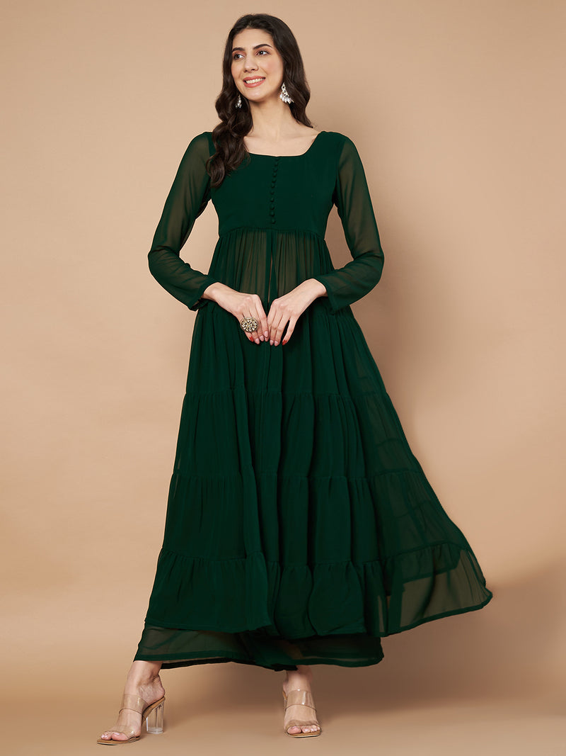 Poshak Hub Women Green Georgette Front Slit Tiered Anarkali Kurta with Sharara