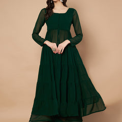 Poshak Hub Women Green Georgette Front Slit Tiered Anarkali Kurta with Sharara