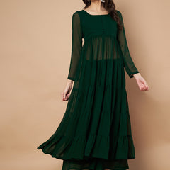 Poshak Hub Women Green Georgette Front Slit Tiered Anarkali Kurta with Sharara