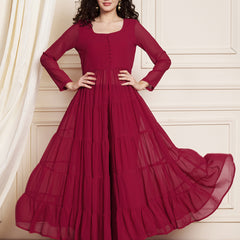 Poshak Hub Women Pink Georgette Front Slit Tiered Anarkali Kurta with Sharara