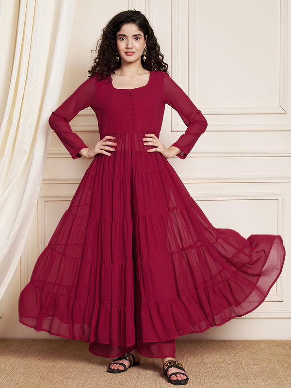Poshak Hub Women Pink Georgette Front Slit Tiered Anarkali Kurta with Sharara
