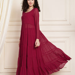 Poshak Hub Women Pink Georgette Front Slit Tiered Anarkali Kurta with Sharara