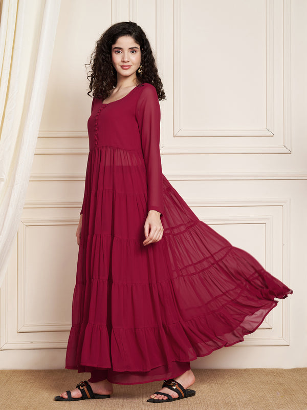 Poshak Hub Women Pink Georgette Front Slit Tiered Anarkali Kurta with Sharara
