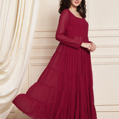 Poshak Hub Women Pink Georgette Front Slit Tiered Anarkali Kurta with Sharara