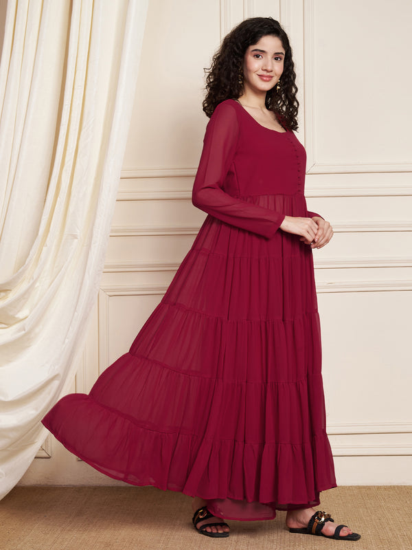 Poshak Hub Women Pink Georgette Front Slit Tiered Anarkali Kurta with Sharara